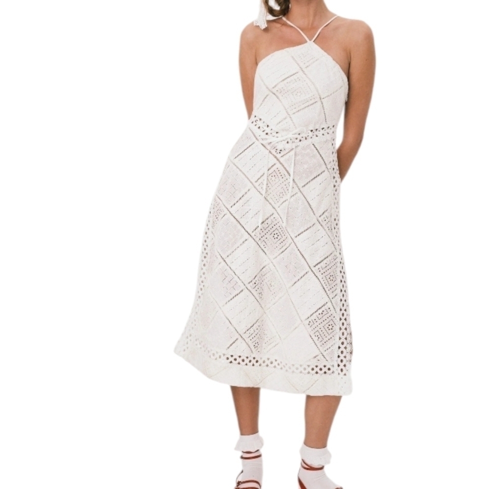 For Love And Lemons Temple Halter Eyelet Lace Midi Dress NWT White Size Small